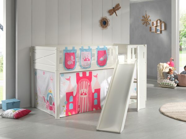 Spielbett SCOTT, 90x200 cm, mit Lattenrost, Rutsche, Leiter, Vorhang, 3 Taschen "Princess"