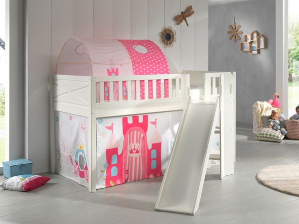 Spielbett SCOTT, 90x200 cm, mit Lattenrost, Rutsche, Leiter, Textilset Vorhang, Tunnel "Princess"