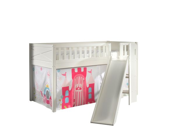 Spielbett SCOTT, 90x200 cm, mit Lattenrost, Rutsche, Leiter, Textilset Vorhang "Princess"