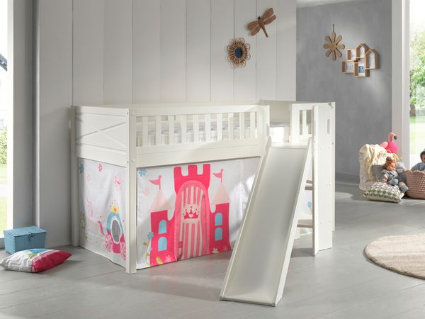 Spielbett SCOTT, 90x200 cm, mit Lattenrost, Rutsche, Leiter, Textilset Vorhang "Princess"
