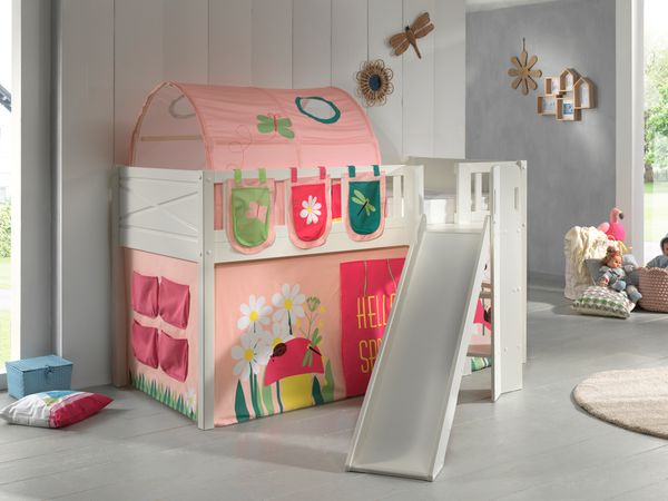 Spielbett SCOTT, 90x200 cm, mit Lattenrost, Rutsche, Leiter, Vorhang, Tunnel, 3 Taschen "Spring"