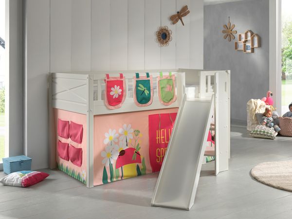 Spielbett SCOTT, 90x200 cm, mit Lattenrost, Rutsche, Leiter, Textilset Vorhang, 3 Taschen "Spring"