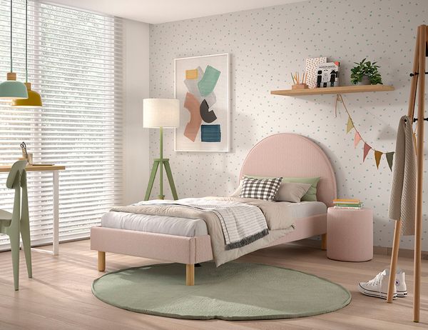 Polsterbett Set MOON 90x200 cm, inkl Lattenrost 1,Nachttisch, Boucle Stoff in Rosa