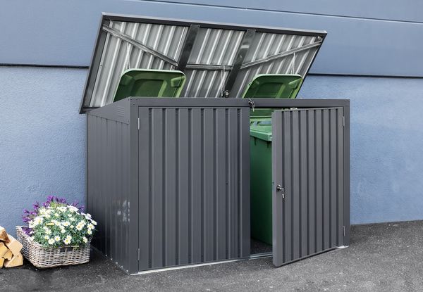 3er Mülltonnenbox mit aufklappbaren Dach mit Schloss - Anthrazit