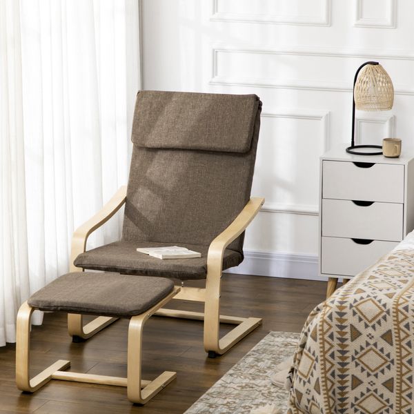 Relaxsessel mit Fußhocker Armlehnensessel Leinenbezug Holzgestell Braun