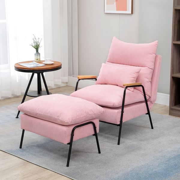 Ohrensessel mit Hocker, Relaxsessel mit neigbarer Rückenlehne, Rosa
