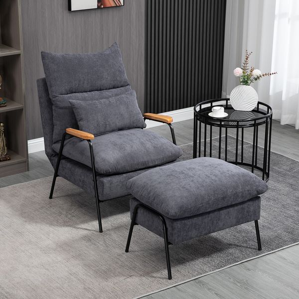 Ohrensessel mit Hocker, Relaxsessel mit neigbarer Rückenlehne, Grau