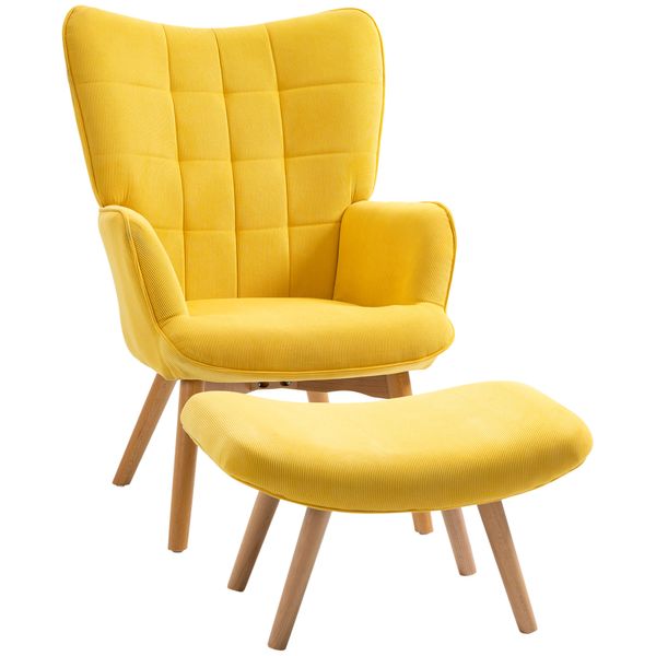 Ohrensessel mit Hocker, Relaxsessel, Polstersessel in Cord-Optik, Gelb