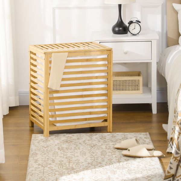 Wäschekorb Wäschetruhe 55L Wäschebox, Wäschesammler mit Deckel, Bambus