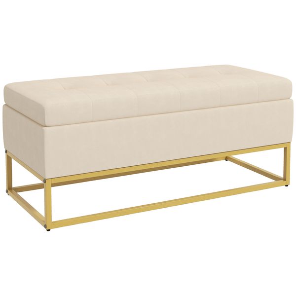 Sitzbank mit Stauraum, Polsterbank, Bettbank mit Samtoptik, Stahl, Beige