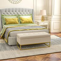 Sitzbank mit Stauraum, Polsterbank, Bettbank mit Samtoptik, Stahl, Beige