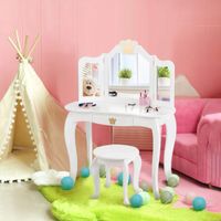 COSTWAY Kinder Schminktisch mit Hocker und Abnehmbarer Spiegel