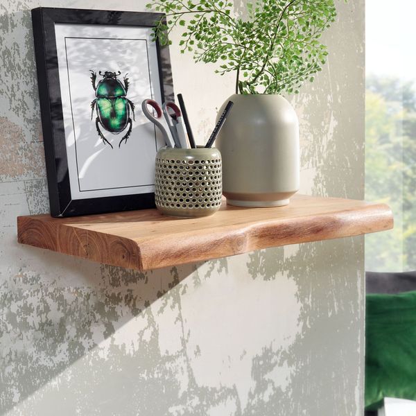 WOHNLING Wandregal Baumkante Akazie Holz Design Schweberegal 40 cm Regal Massiv
