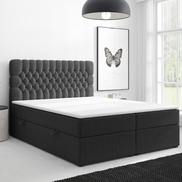 Boxspringbett FERRARA ONE Chesterfield – Optik mit Bettkasten 180 x 200 cm Webstoff Schwarz