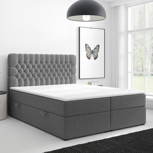 Boxspringbett FERRARA ONE Chesterfield – Optik mit Bettkasten 180 x 200 cm Webstoff Grau Anthrazit