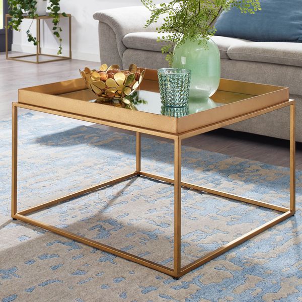 WOHNLING Couchtisch Glas Spiegel 60x60x41cm Sofatisch Wohnzimmertisch Gold Tisch