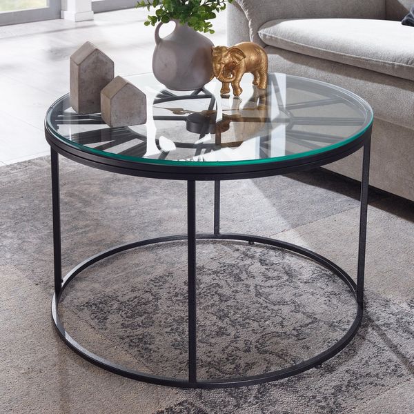 WOHNLING Couchtisch Glas Sofatisch Ø 60 cm Tisch Wohnzimmertisch Rund Schwarz