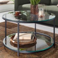 WOHNLING Couchtisch Glas Wohnzimmertisch Ø 80 cm Sofatisch Rund Tisch Stauraum