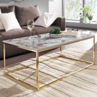 WOHNLING Couchtisch Marmor Optik Weiß 100x60x40cm Wohnzimmertisch Tisch Metall