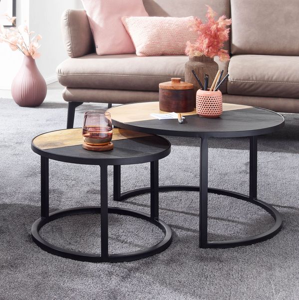WOHNLING Couchtisch 2 teilig Wohnzimmertisch Massivholz Rund Beistelltisch Tisch