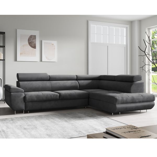 Ecksofa Monaco Samt Grau mit Bettkasten Kopfteilverstellung Schlafsofa Ottomane rechts, verstellbar