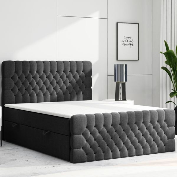 Boxspringbett FERRARA mit Bettkasten 180 x 200 cm Webstoff Schwarz Bettkasten und Fußteil