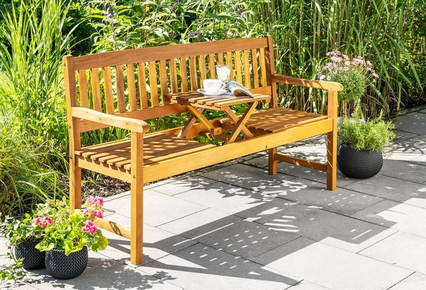 2-Sitzer Gartenbank mit hochklappbarem Tisch aus Akazienholz, ca. 153 x 57 x 88 cm - Braun