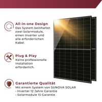 Balkonkraftwerk 820 Watt Komplettset mit 2x 410 Watt SUNOVA Markenmodulen und APS Wechselrichter