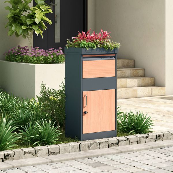 Paketbox mit Pflanzenkasten, ca. 50 x 37 x 105 cm – Anthrazit mit Holzfarben-Akzenten