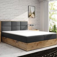 Boxspringbett LISSABON Eiche Holz mit Bettkasten 180 x 200 cm Webstoff Grau Anthrazit Bett Ehebett Hotelbett Designerbett Luxus