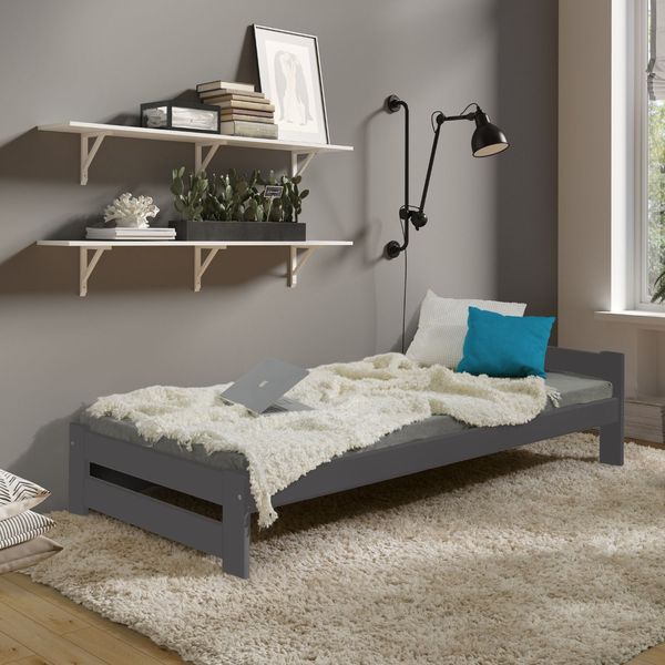 Bett Classico Holzbett Bettgestell mit Lattenrost Massivholz Kiefer 90x200cm anthrazit