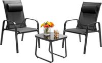 3tlg. Bistroset Balkonset, Couchtisch aus Hartglas &amp; 2 stapelbare Stühle