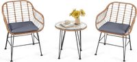 3tlg. Bistroset 2 Rattanstühle & Hartglas Beistelltisch & Sitzkissen
