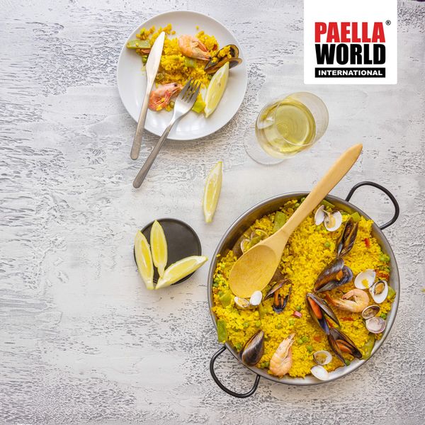 Paella World Original spanische Paella-Pfanne 130cm 116cm 11,5cm Stahl poliert mit Griffen