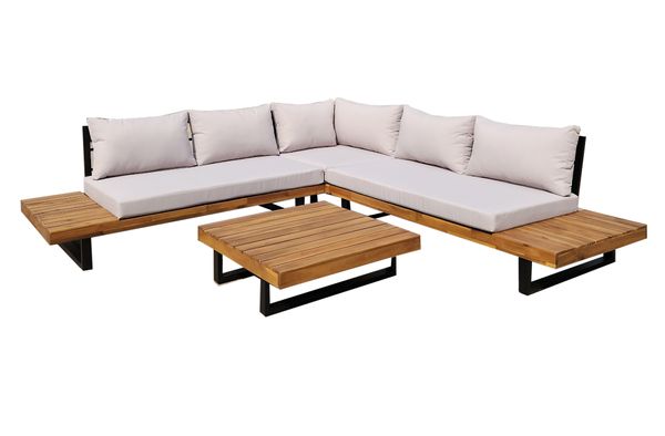12tlg. Aluminium-Ecklounge mit Tisch aus Akazienholz - Beige