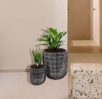 2er Set Blumentopf Flecht Optik mit Plastiktöpfen