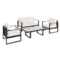12tlg. Gartenmöbel Lounge-Set mit Sofa & Coffee Table aus Aluminium - Schwarz mit Teakholz