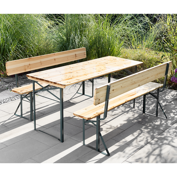 3tlg. Bierzelt-Garnitur mit Rückenlehne aus Tannenholz