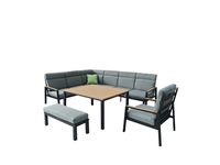 6 tlg. Eck-Lounge Set HGS55-GRA mit hoher Rückenlehne, Sitzkissen, grau & Holzoptik 