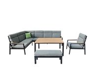 19tlg. Eck-Lounge Set mit hoher Rückenlehne, Sitzkissen - Grau & Holzoptik