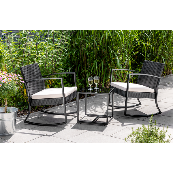 3 tlg. Rattan Schaukelstuhl Set Balkonset schwarz