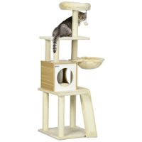 Kratzbaum 141,5cm Katzenbaum mit Katzenhöhle, Spielball, Hängebett, Beige