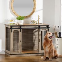 Hundekäfig, Hundehütte, Haustierkäfig mit Zweiraum, Doppeltüren, Eiche