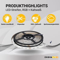 LED-Streifen, RGB und kaltweißes Licht, IP54, 12 V