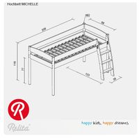 Halbhohes Bett MICHELLE 90x200 cm, Buche massiv weiß, inkl. Textilset (Vorhang) blau/delfin