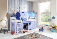 Halbhohes Bett MICHELLE 90x200 cm Buche massiv weiß lackiert, mit Textilset Vorhang, 2-Tunnel, Tasche blau/delfin