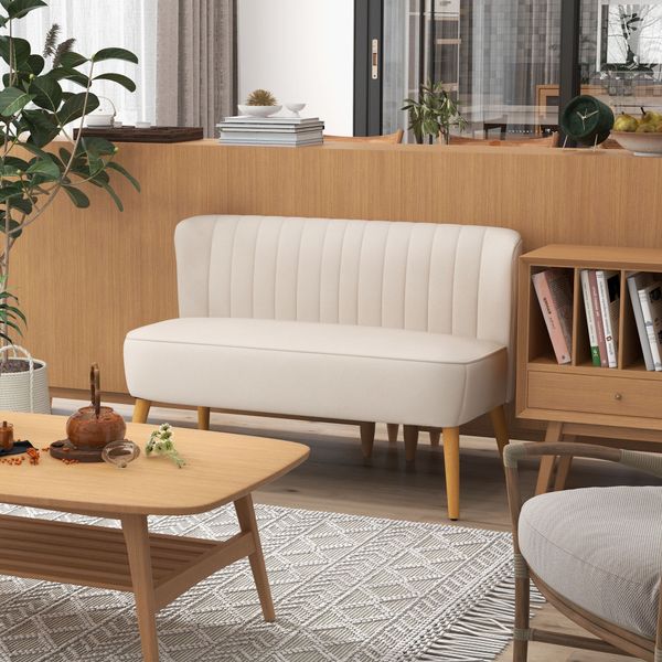 2-Sitzer Sofa Zweisitzer, Loveseat mit Leinenoptik, Holzbeine, Cremeweiß