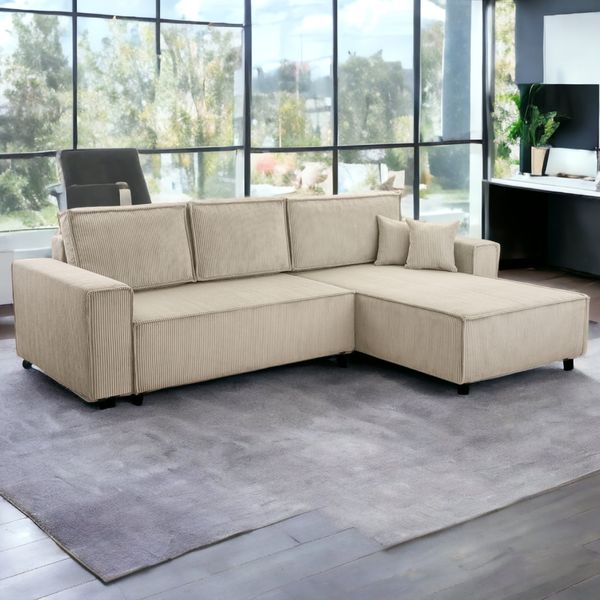 Wohnlandschaft Ecksofa Beige Genf Cord XL mit Kopfteilverstellung Ottomane rechts links universell