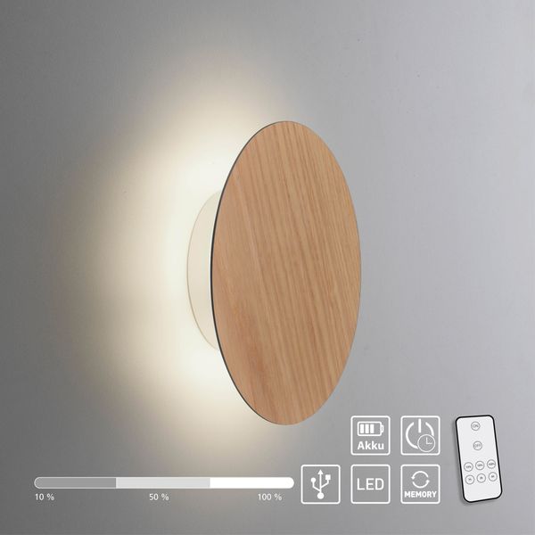 LED Wandleuchte AKKU PUNTUA, Akkubetrieb, Klettverschluss, Holz-natur