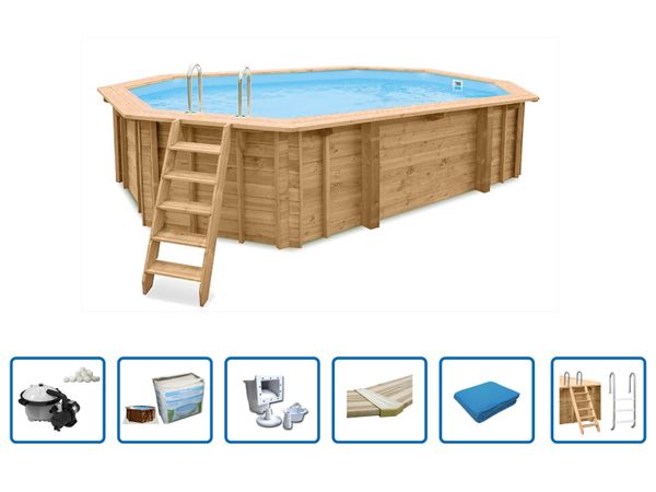 Interline Holzpool "Java" 6,40 x 4,00 m/ 1,36m Achteck Oval (Filteranlage 6,0m3, Basis Set)